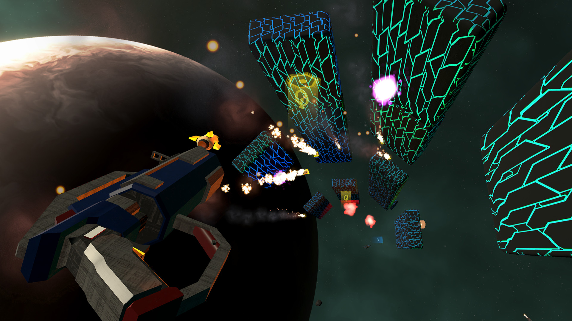 Nebuli gameplay screenshot showing a ship firing at glowing enemies near a planet