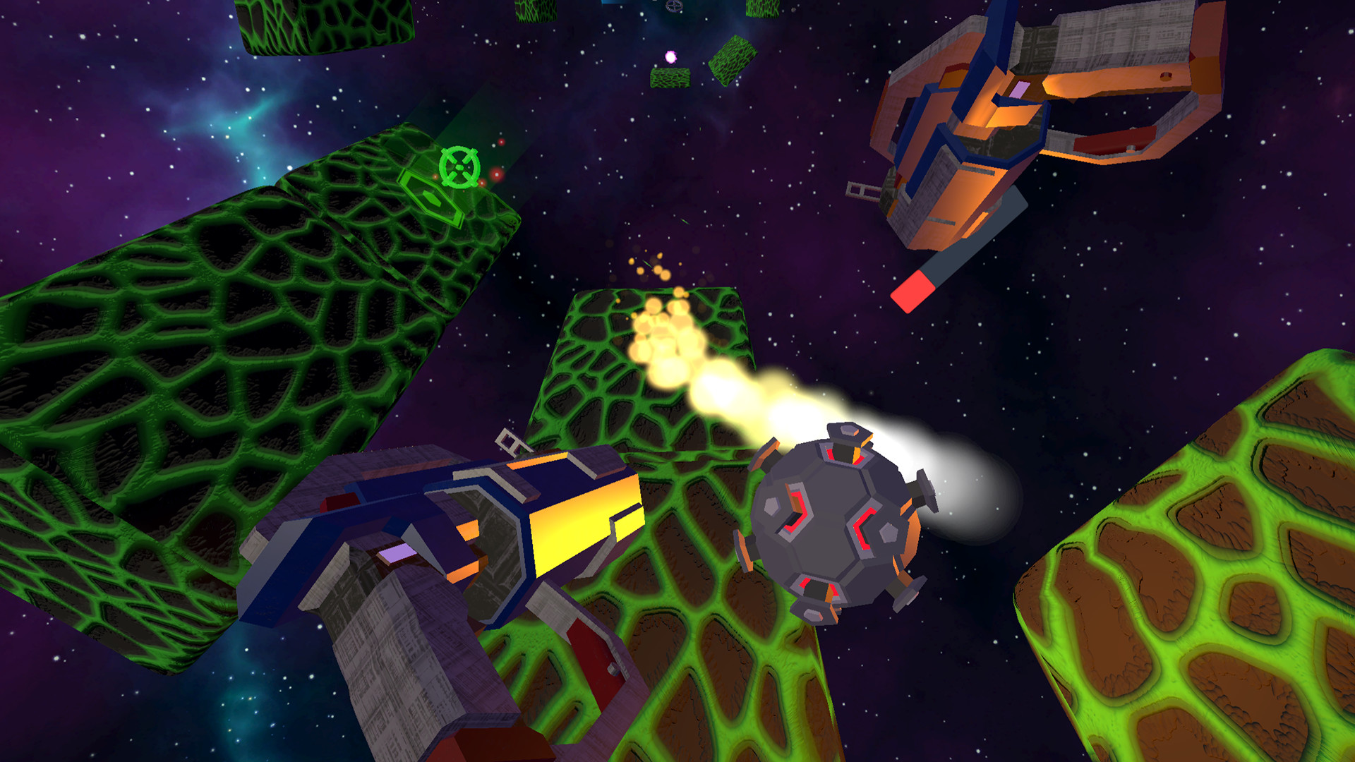 Nebuli gameplay screenshot showing ships, green platforms, and a bomb in space