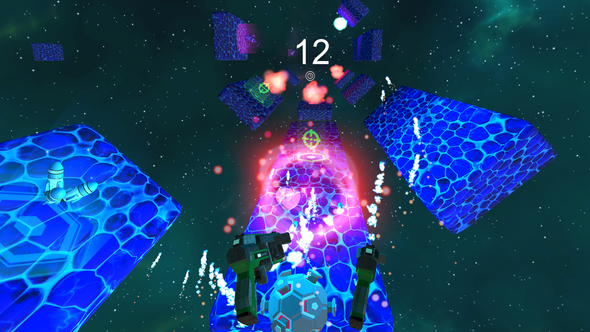 Nebuli gameplay screenshot showing first-person weapons and blue platforms in a star field