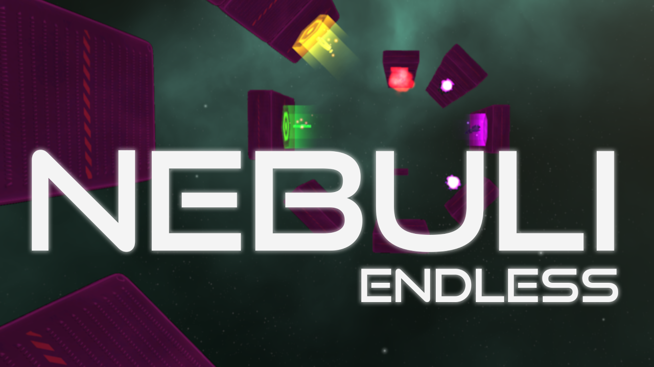 Nebuli Endless key art with glowing logo and floating arcade obstacles