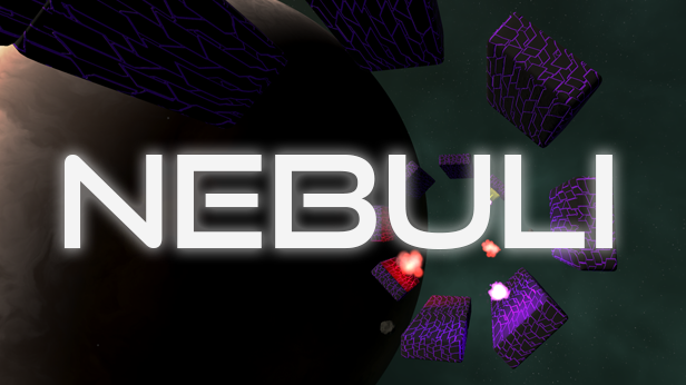 Nebuli game key art with the Nebuli logo and floating asteroid enemies